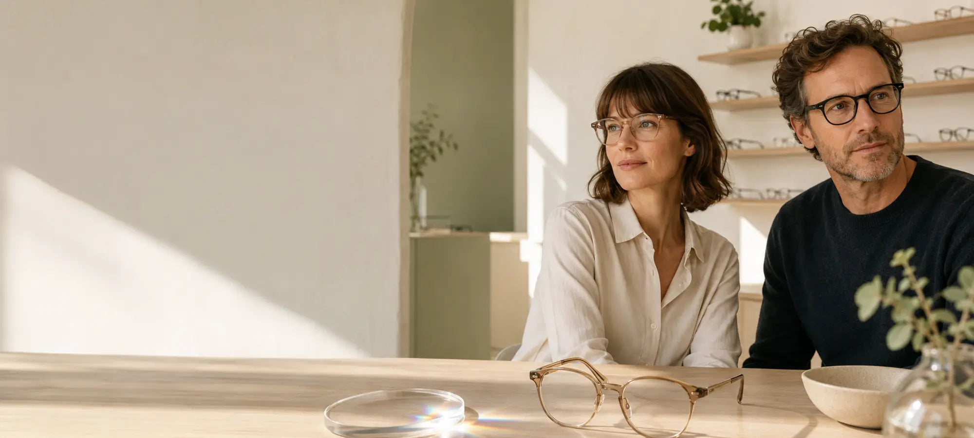 A woman and man wearing prescription glasses in an airy interior