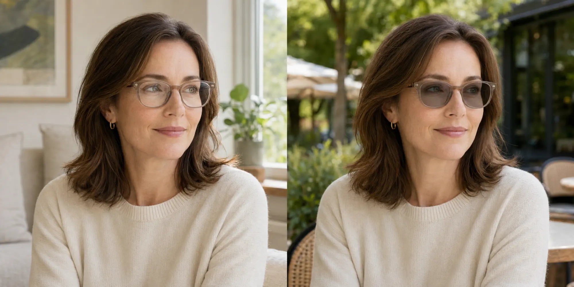 The same woman wearing photochromic lenses indoors and outdoors