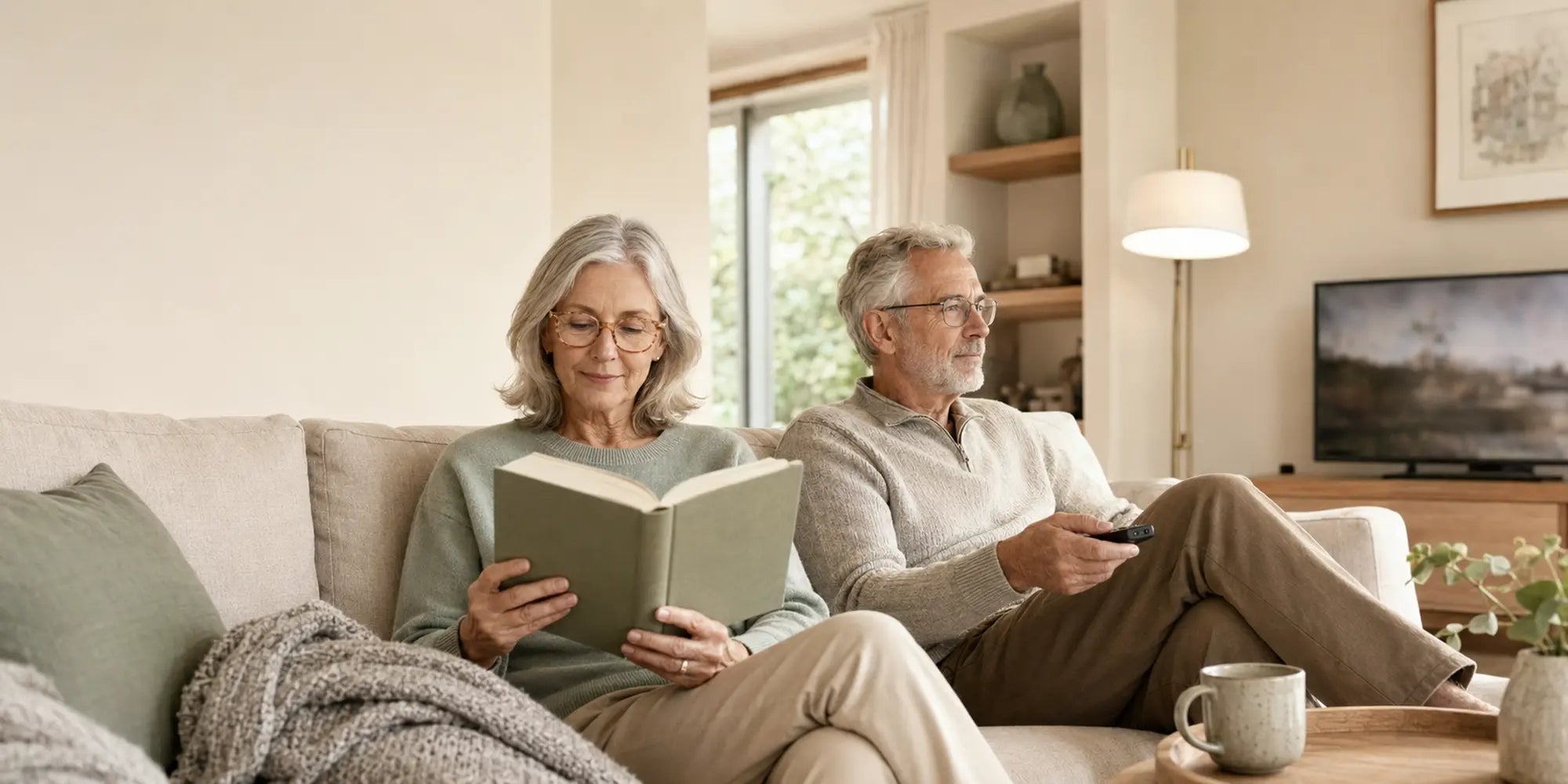 Older adults wearing progressive glasses while reading and watching television at home