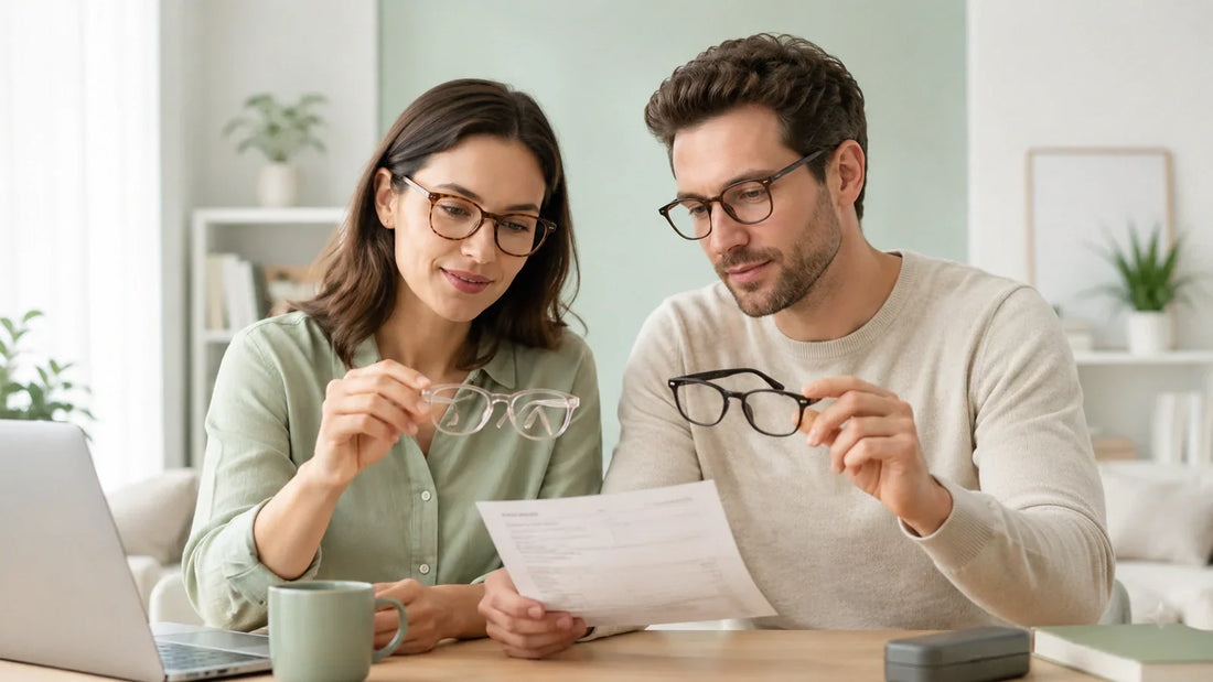 Two adults reviewing an eyeglass prescription while comparing optical frames online