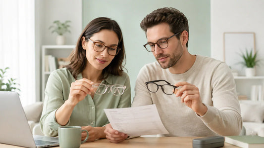 Two adults reviewing an eyeglass prescription while comparing optical frames online
