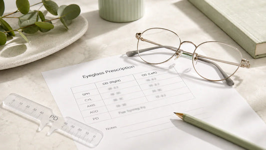 Eyeglass prescription beside optical glasses, a plastic PD ruler and a pencil