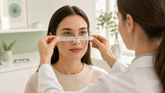 An optician measuring a woman's pupillary distance with a transparent PD ruler