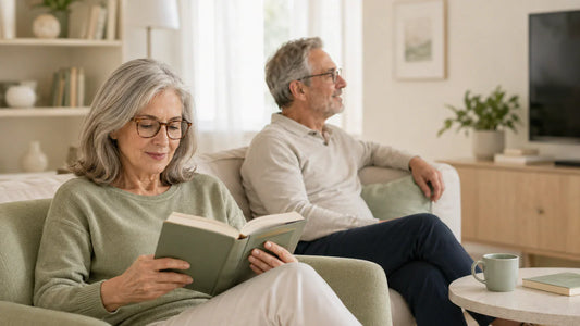 Two adults using progressive glasses for reading and distance viewing