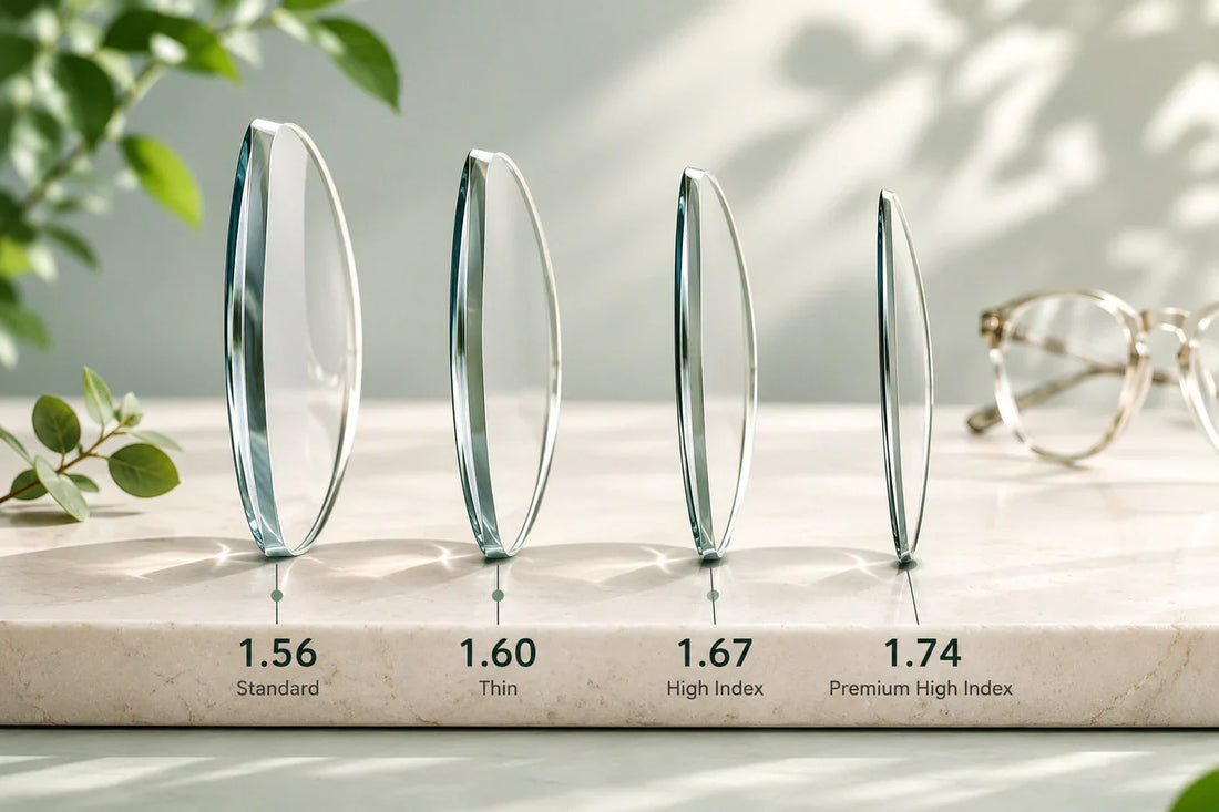 Clear optical lens samples arranged to compare different edge profiles