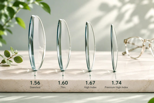 Clear optical lens samples arranged to compare different edge profiles
