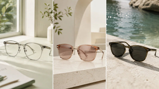 Photochromic, tinted, and polarized glasses shown in different light conditions