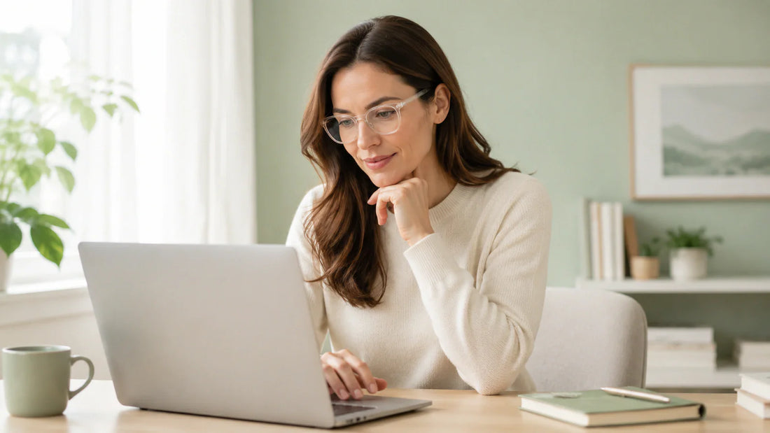 Woman wearing glasses while working on a laptop at home