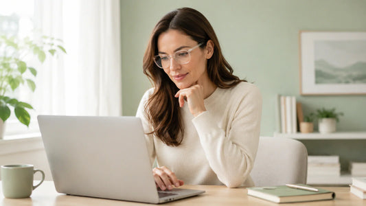 Woman wearing glasses while working on a laptop at home
