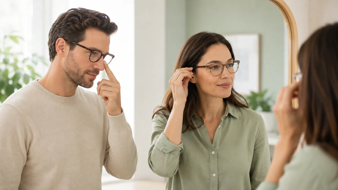 Two adults checking the bridge and temple fit of eyeglass frames