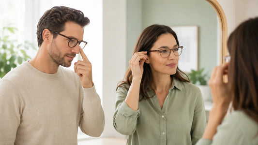 Two adults checking the bridge and temple fit of eyeglass frames