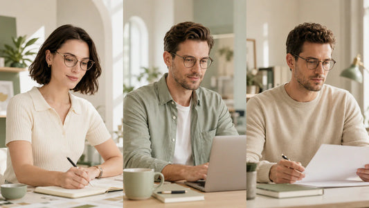 Adults wearing cat-eye, round, and square optical glasses