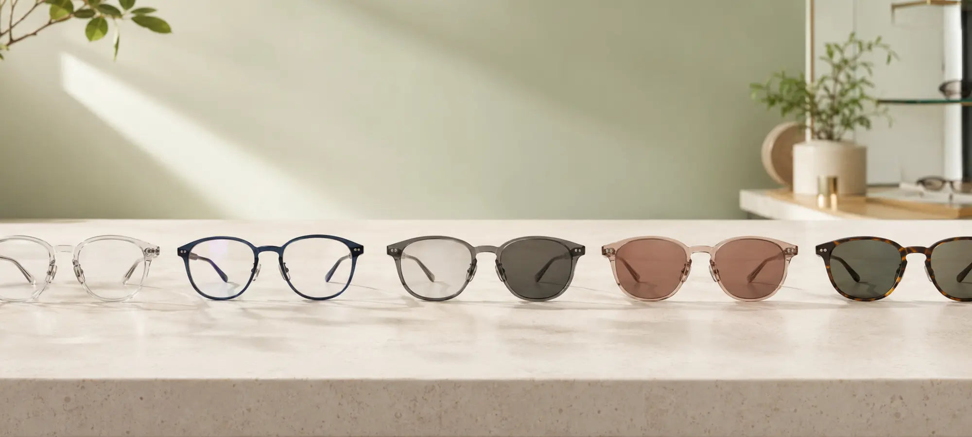Five eyewear frames representing Clear, Blue Light, Photochromic, Tinted, and Polarized lens packages